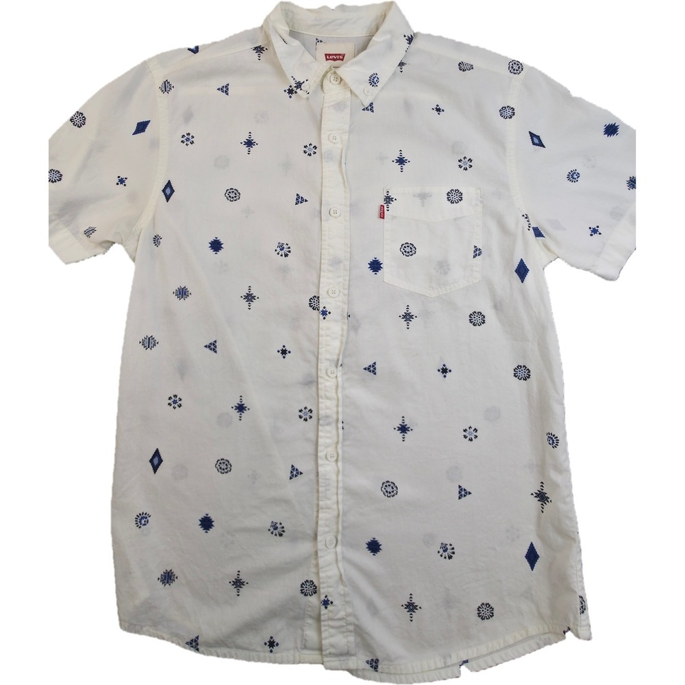 Levi's Short Sleeve Shirt Mens S White Blue Geometric Tribal Print Button Down